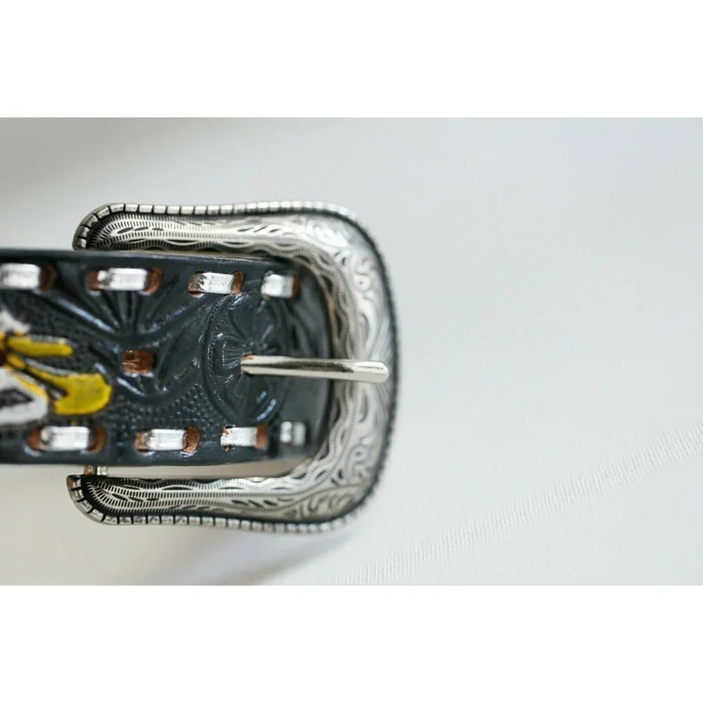 Hand Tooled Painted Bold Eagle Whipstitch Black Leather Belt